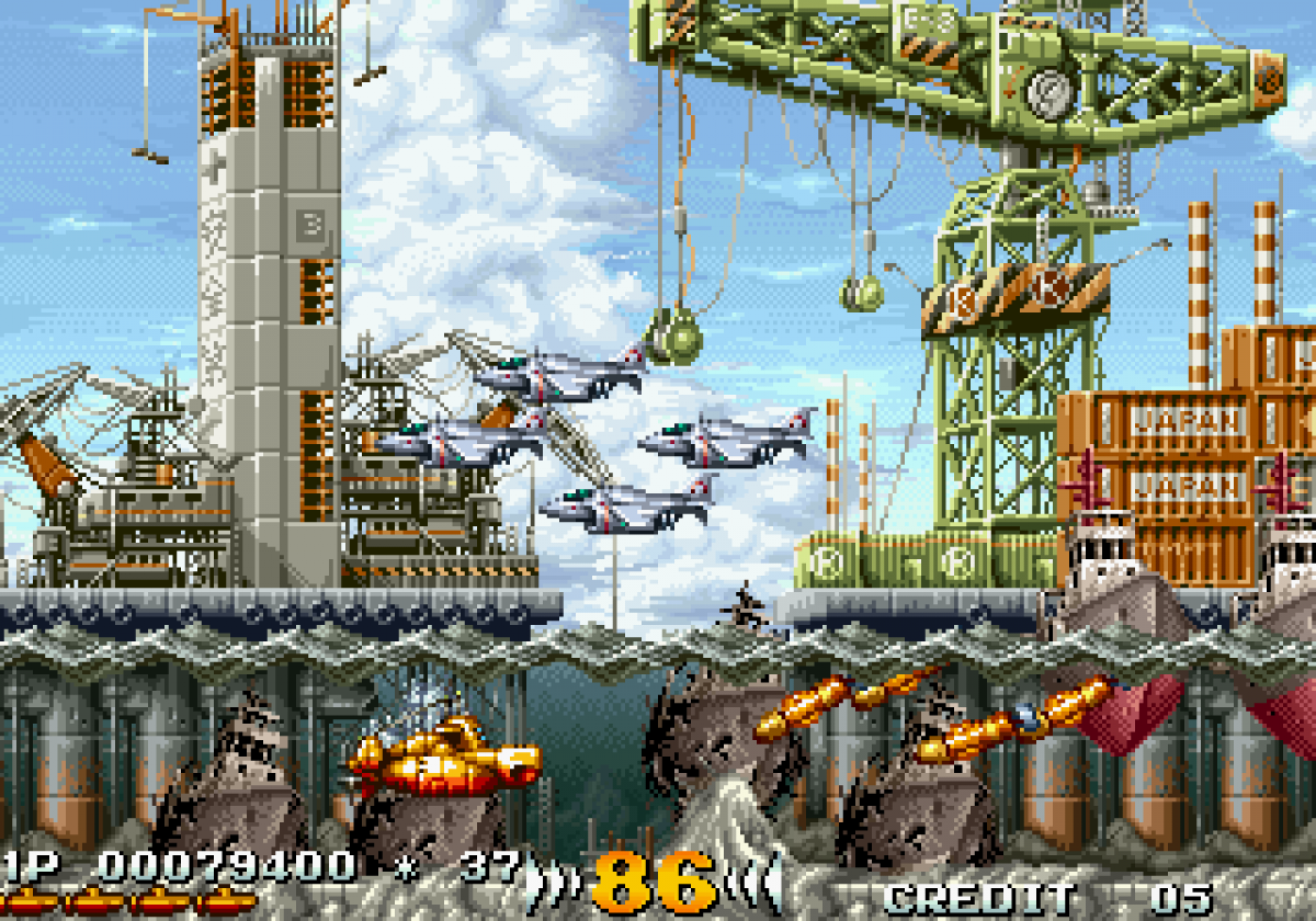 In The Hunt arcade Sega Saturn side scrolling submarine shooter underwater combat military sci fi action giant mechanical enemies explosive torpedoes Irem arcade port retro gaming Sega Saturn software video game title gameplay 