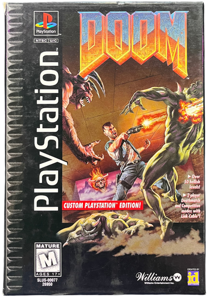 Retro Doom PS1 inspired design featuring classic first person shooter horror aesthetic vintage PlayStation demon invasion dark industrial corridors intense gunplay hellish creatures atmospheric survival action nostalgic retro FPS presentation front cover
