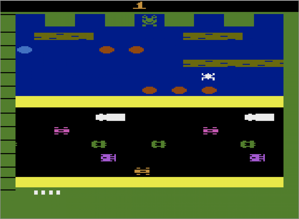 Frogger for Atari 2600, gameplay for an arcade action video game with obstacle-dodging gameplay, river crossing challenges, retro reflex-based action, and classic score-chasing fun