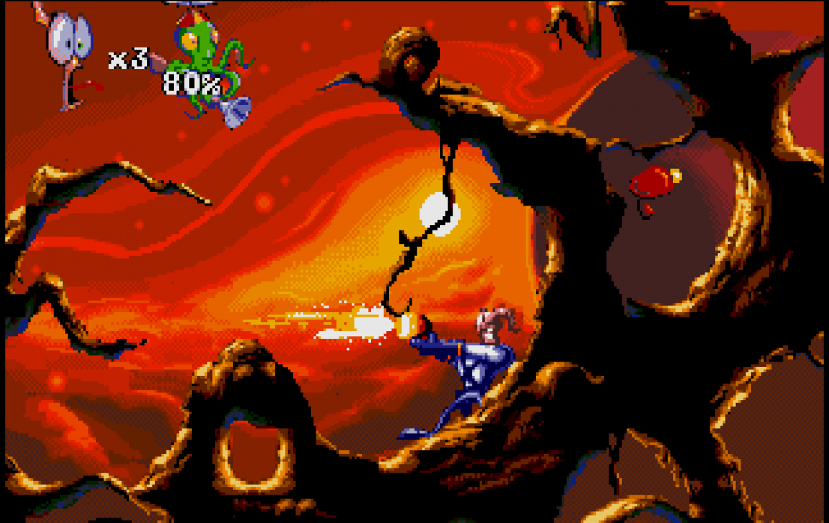 Earthworm Jim 2 for Super Nintendo side scrolling platformer featuring Earthworm Jim bizarre humor creative levels unique weapons and cartoon style gameplay 