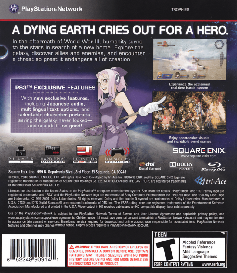 Star Ocean: The Last Hope International back cover art for PlayStation 3 (PS3) video game