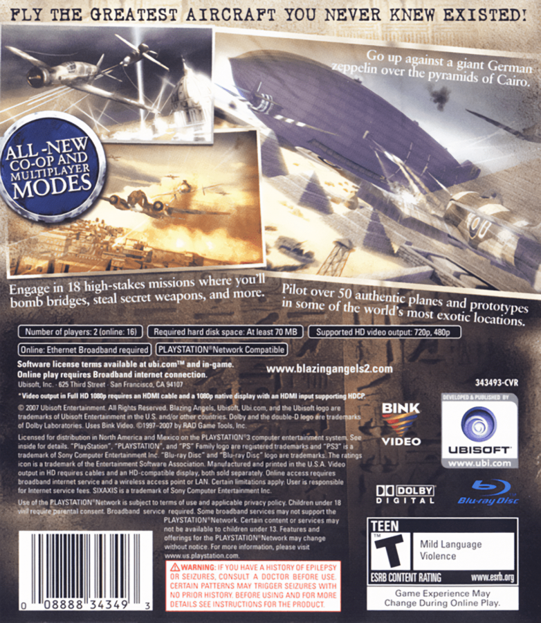 Blazing Angels 2: Secret Missions back cover art for PlayStation 3 (PS3) video game
