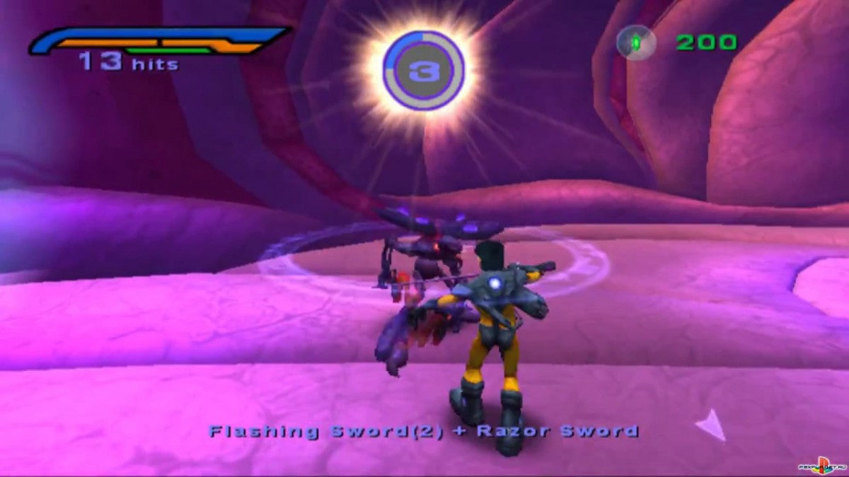 Alter Echo for PlayStation 2 (PS2) featuring a sci fi action adventure where you switch between three bio suit forms to solve puzzles and fight enemies; use fast melee and ranged combat explore alien environments and adapt your abilities to overcome challenges on PS2 gameplay screenshot