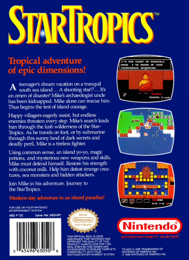 Star Tropics back of box for Nintendo Entertainment System (NES) retro video game
