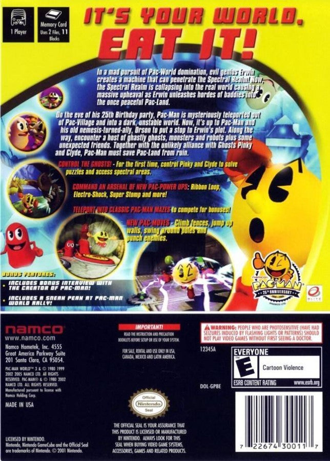 Pac Man World 3 GameCube Nintendo GameCube 3D platformer adventure game Pac Man action platforming puzzle solving ghost enemies arcade inspired gameplay Namco retro gaming GameCube software video game title back cover art