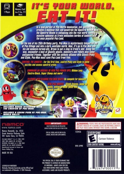 Pac Man World 3 GameCube Nintendo GameCube 3D platformer adventure game Pac Man action platforming puzzle solving ghost enemies arcade inspired gameplay Namco retro gaming GameCube software video game title back cover art