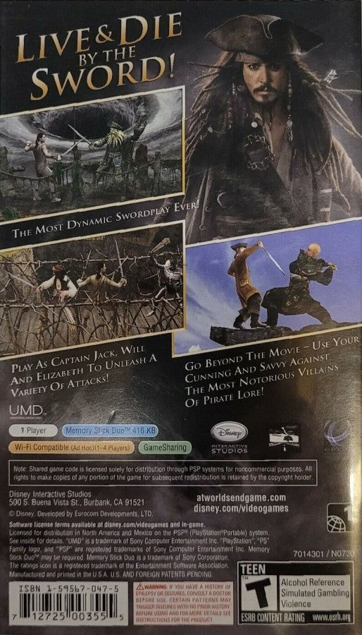 Pirates of the Caribbean: At World's End back of case for PlayStation Portable (PSP) action-adventure game