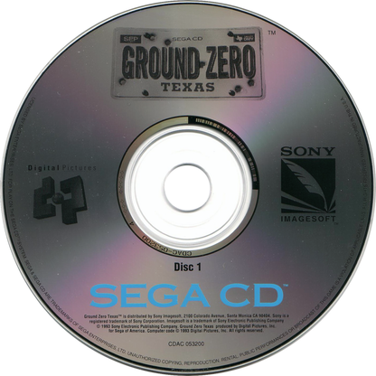 Ground Zero Texas Sega CD FMV light gun action video game featuring live-action Western-themed shootouts fast-paced gunfights enemy outlaws first-person shooting gameplay branching action scenes challenging missions and classic Sega CD gameplay collectible retro gaming appeal disc 1