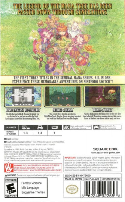 Collection of Mana Nintendo Switch game featuring classic action RPG adventures, real-time combat, and beloved remastered Mana series titles back cover art