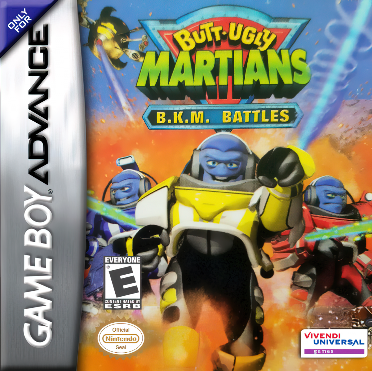 Butt-Ugly Martians: BKM Battles Nintendo Game Boy Advance GBA for action strategy retro video game fans featuring alien battles tactical combat cartoon inspired characters futuristic sci fi missions team based gameplay classic handheld gaming collectible gaming appeal front cover art