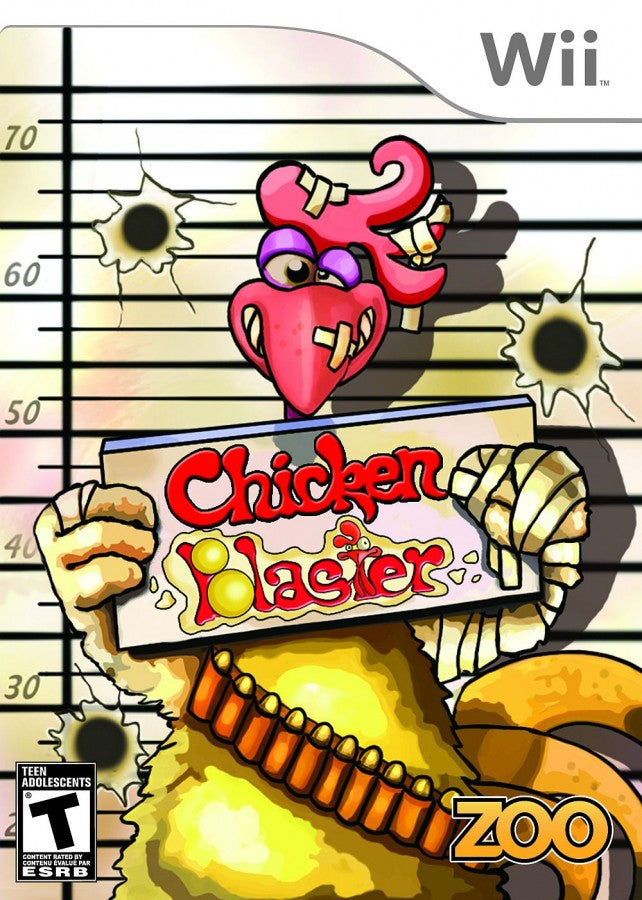 Chicken Blaster Nintendo Wii Wii video game featuring light gun shooting gameplay fast paced arcade action target shooting chicken enemies colorful environments challenging levels aiming mechanics and classic Nintendo Wii gameplay retro video game collection collectible gaming appeal front cover art