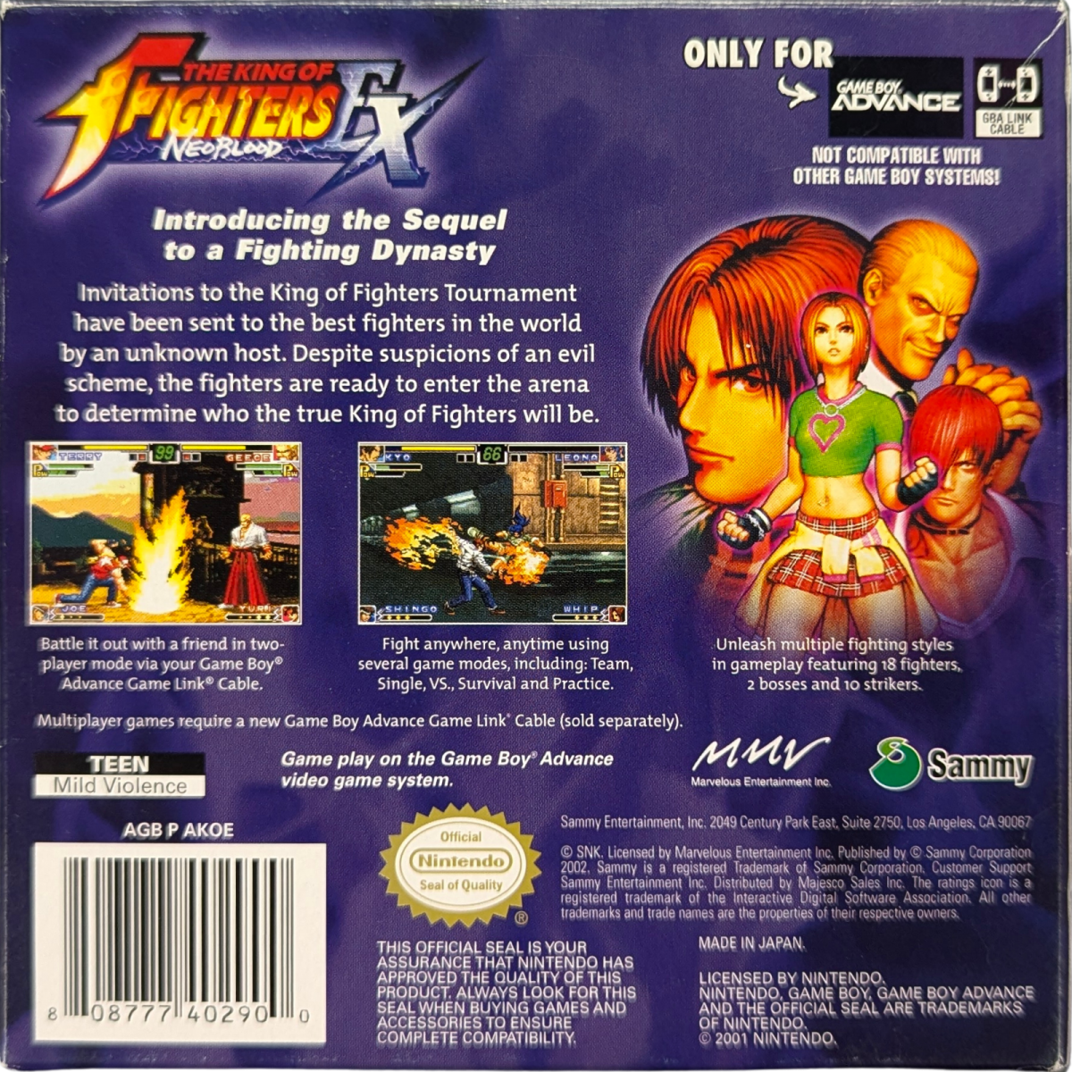 King of Fighters EX: Neo Blood [CIB] for Game Boy Advance (GBA) featuring classic SNK style 2D fighting with a roster of KOF favorites and fast tag team action; pull off special moves and combos in a portable complete in box showdown built for versus play back cover