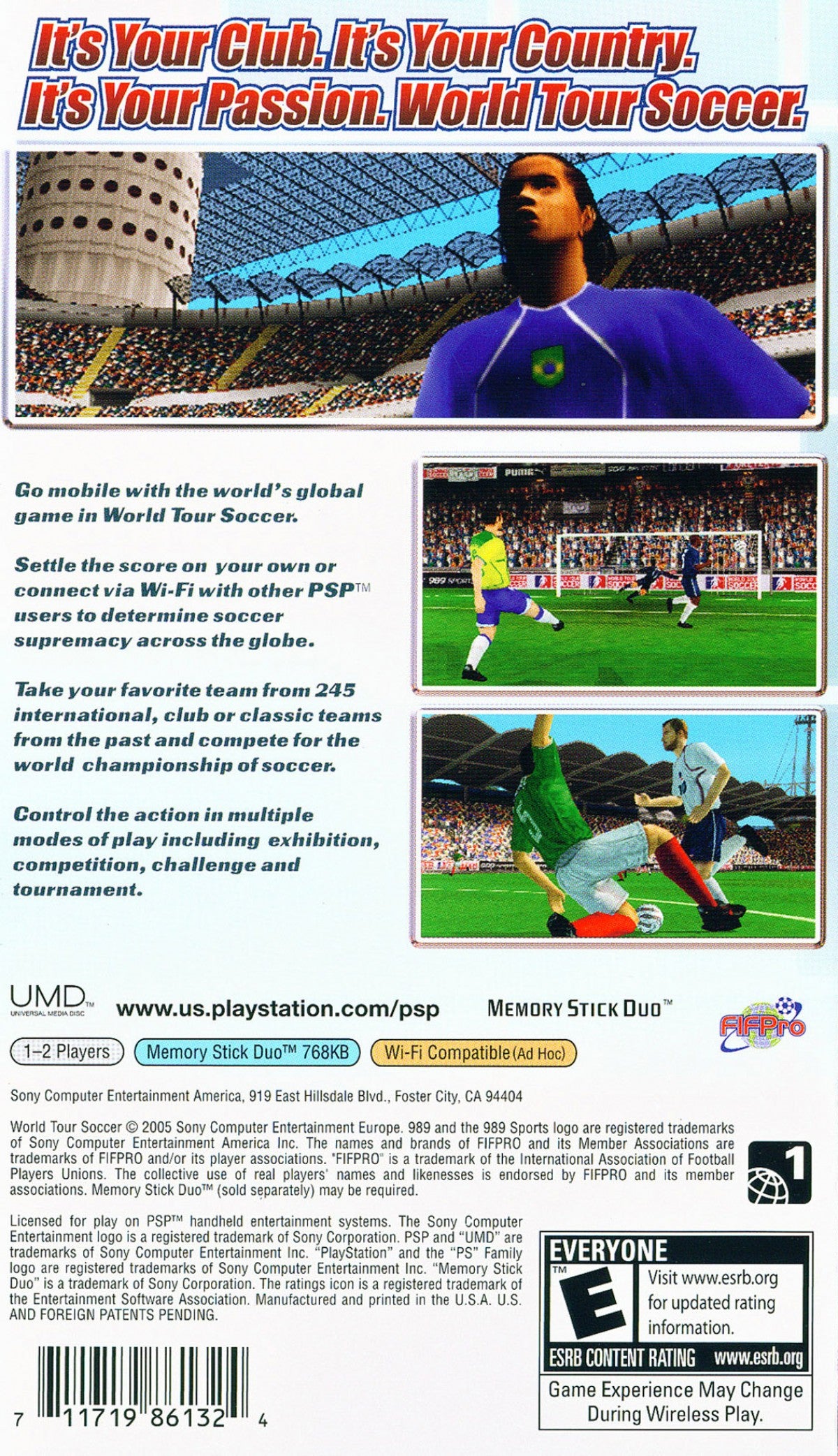 World Tour Soccer PlayStation Portable PSP for soccer sports video game fans featuring international football matches national teams realistic passing shooting dribbling tackling tournament modes player management and competitive multiplayer gameplay collectible gaming appeal back cover art