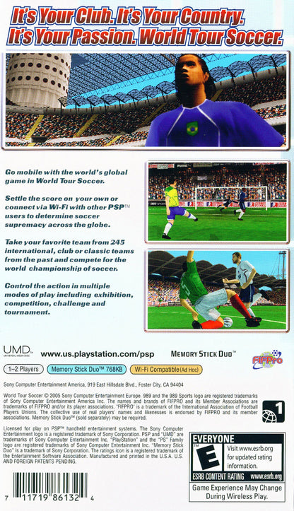 World Tour Soccer PlayStation Portable PSP for soccer sports video game fans featuring international football matches national teams realistic passing shooting dribbling tackling tournament modes player management and competitive multiplayer gameplay collectible gaming appeal back cover art
