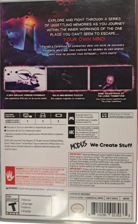 In Sound Mind Nintendo Switch inspired design featuring psychological horror adventure aesthetic surreal environments unsettling mysteries first person exploration mind bending puzzles atmospheric storytelling intense suspense and supernatural encounters presentation back cover