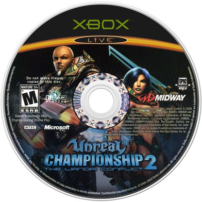 Unreal Championship 2: The Liandri Conflict retro Xbox video game Unreal Championship 2 The Liandri Conflict fast paced arena shooter third person combat multiplayer competitive FPS style action game Xbox release disc