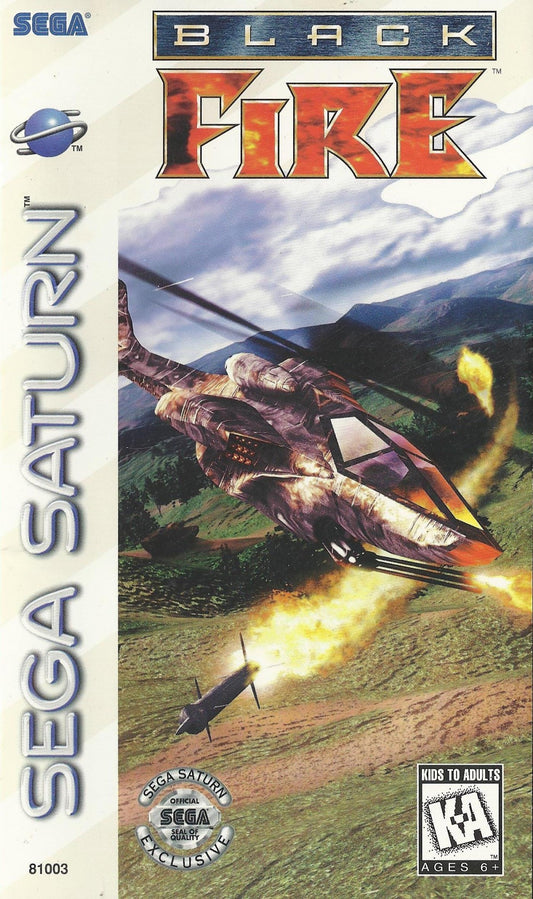 Black Fire Sega Saturn combat flight simulator modern jet fighter aerial dogfights military missions cockpit view realistic style air combat strategy MicroProse retro gaming Sega Saturn software video game title cover art