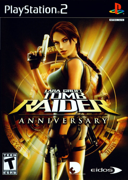 Tomb Raider Anniversary PS2 Sony PlayStation 2 action adventure game Lara Croft platforming puzzle solving exploration remake classic Tomb Raider Core Design Crystal Dynamics third person adventure PlayStation 2 software video game title cover art 