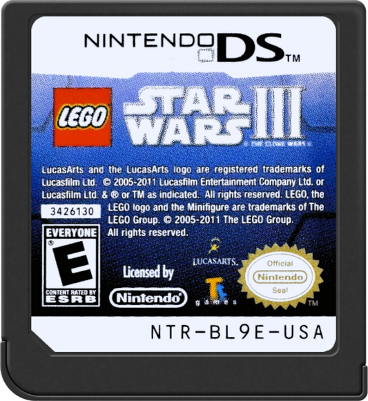 LEGO Star Wars III The Clone Wars for Nintendo DS action adventure game featuring characters and battles from the Clone Wars series LEGO style combat puzzles and co op gameplay cartridge