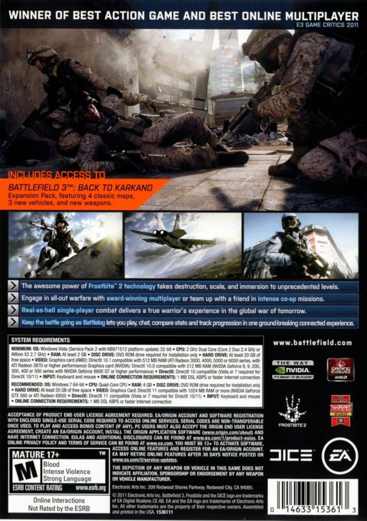 Battlefield 3 Xbox 360 for first person shooter video game fans featuring intense military combat realistic battlefields powerful weapons vehicles tanks jets helicopters large scale multiplayer battles cinematic campaign missions destructible environments and immersive modern warfare gameplay collectible gaming appeal back cover