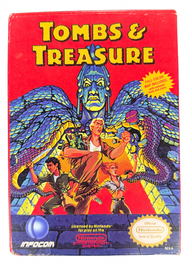 Tombs and Treasure Nintendo Entertainment System NES video game featuring adventure gameplay ancient tomb exploration puzzle solving treasure hunting Egyptian temples mysterious environments enemy encounters and classic 8 bit Nintendo action retro video game collection collectible gaming appeal cover art