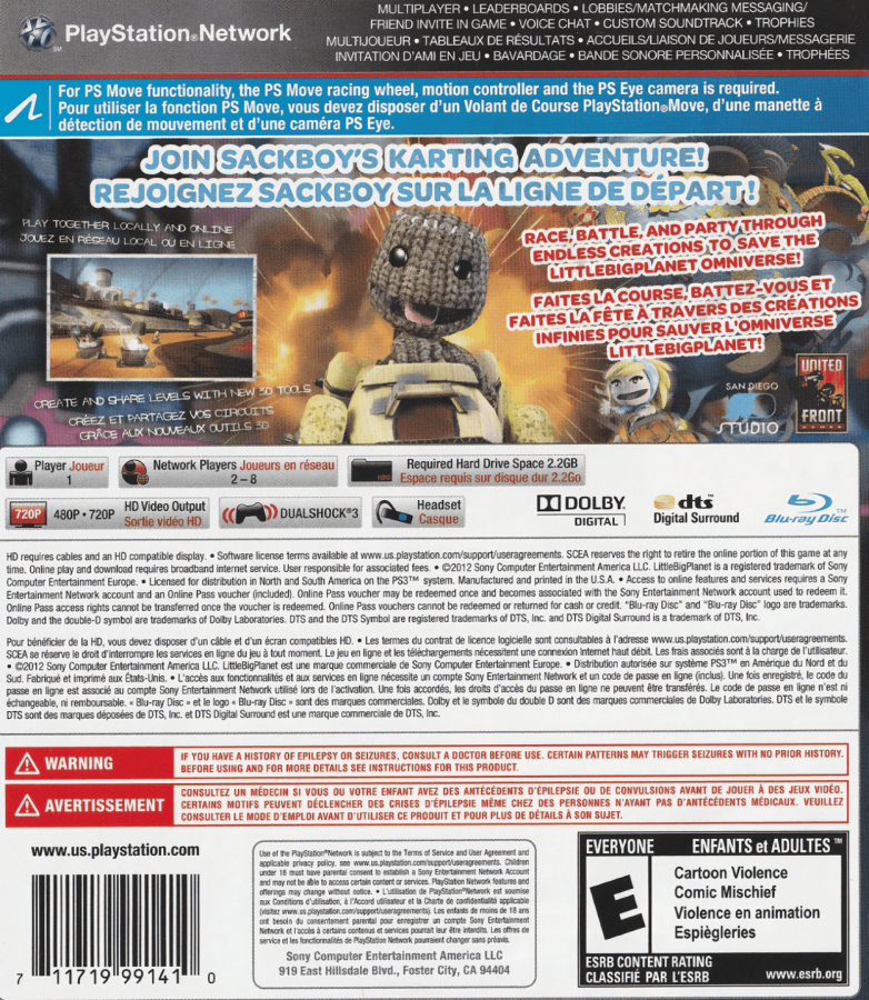 LittleBigPlanet Karting back cover art PlayStation 3 (PS3) video game