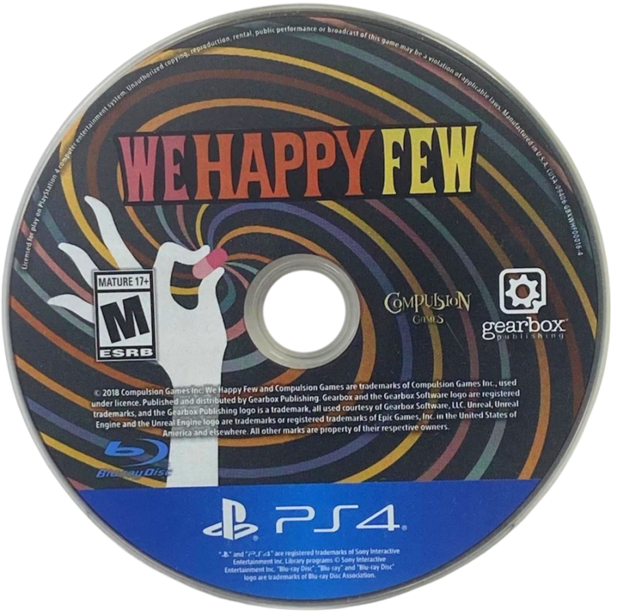 We Happy Few – PlayStation 4 (PS4) video game disc, dystopian action-adventure.