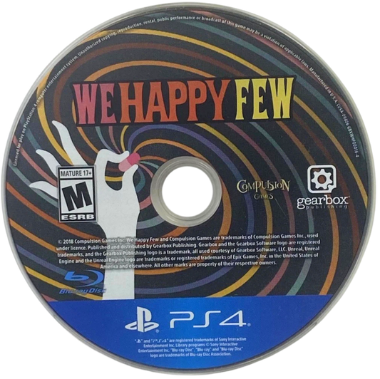 We Happy Few – PlayStation 4 (PS4) video game disc, dystopian action-adventure.