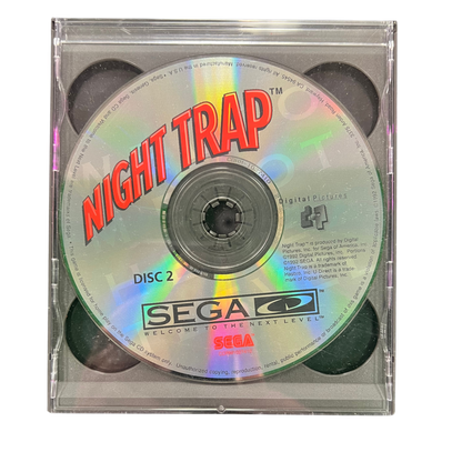 Night Trap Sega CD SCD interactive full motion video adventure game featuring live-action actors suspenseful horror gameplay surveillance cameras trap mechanisms mysterious intruders branching scenes and classic Sega CD gameplay collectible retro gaming appeal disc 2