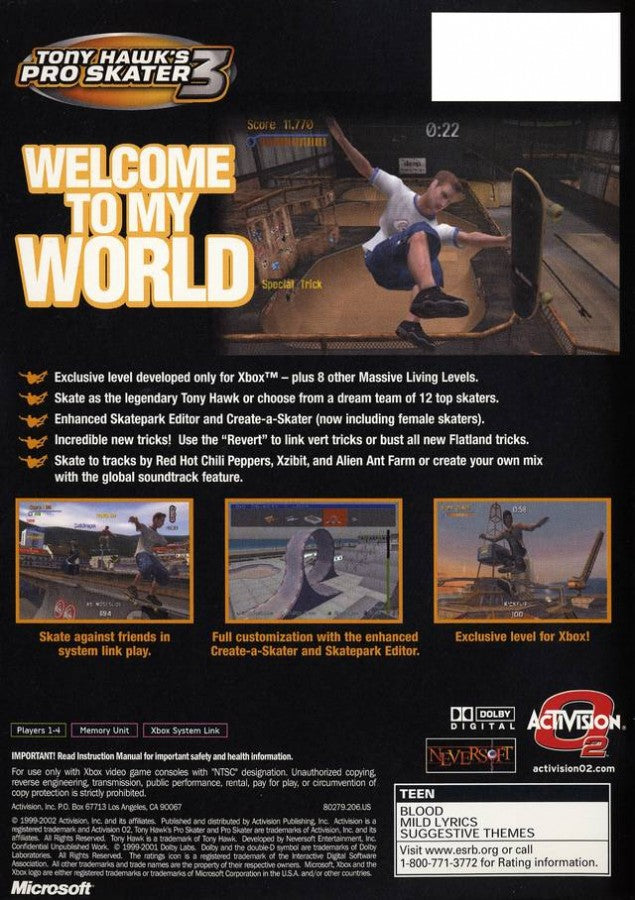 Tony Hawk's Pro Skater 3 Microsoft Xbox Original Xbox video game featuring skateboarding action gameplay professional skaters trick combos grinding ramps skate parks career mode challenges and extreme sports competition retro video game collection collectible gaming appeal back cover art
