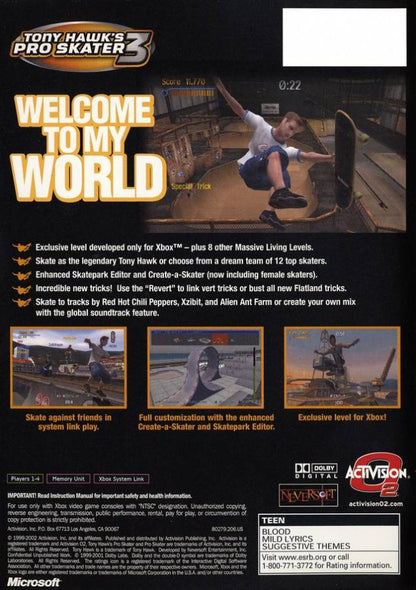 Tony Hawk's Pro Skater 3 Microsoft Xbox Original Xbox video game featuring skateboarding action gameplay professional skaters trick combos grinding ramps skate parks career mode challenges and extreme sports competition retro video game collection collectible gaming appeal back cover art