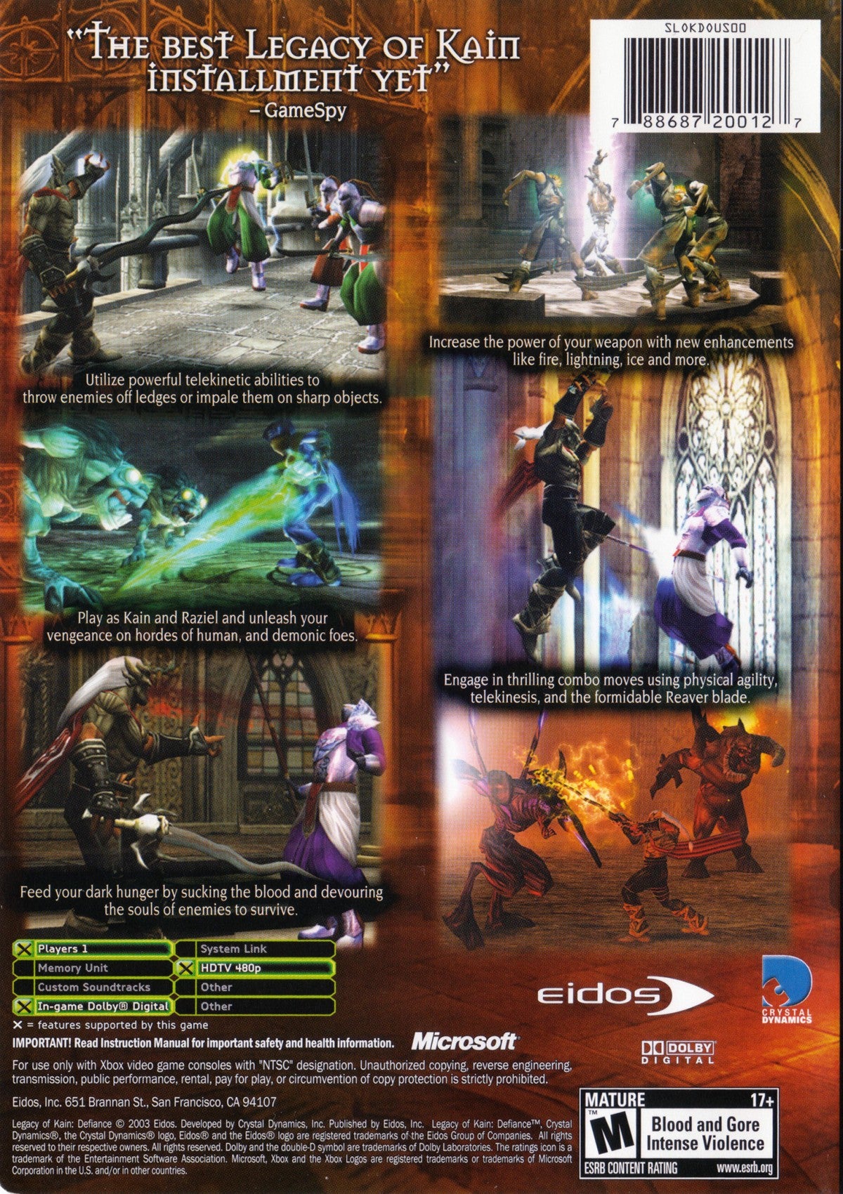 Legacy of Kain: Defiance Xbox game featuring dark action-adventure gameplay, immersive gothic storytelling, and vampire-themed combat back cover art