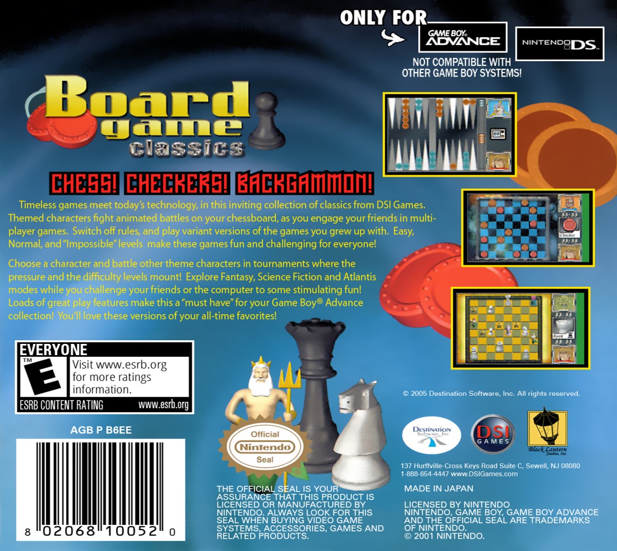 Board Game Classics for Game Boy Advance (GBA), back of case for a retro video game featuring digital board game adaptations, strategy gameplay, multiplayer modes, and classic tabletop challenges