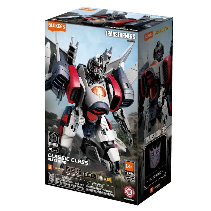 Blokees Transformers Classic Class 25 Blitzwing model kit inspired design featuring buildable transforming robot warrior aesthetic detailed mechanical construction iconic triple changer inspired design articulated components futuristic sci fi styling collectible display model and Transformers universe presentation
