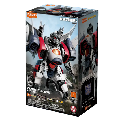 Blokees Transformers Classic Class 25 Blitzwing model kit inspired design featuring buildable transforming robot warrior aesthetic detailed mechanical construction iconic triple changer inspired design articulated components futuristic sci fi styling collectible display model and Transformers universe presentation