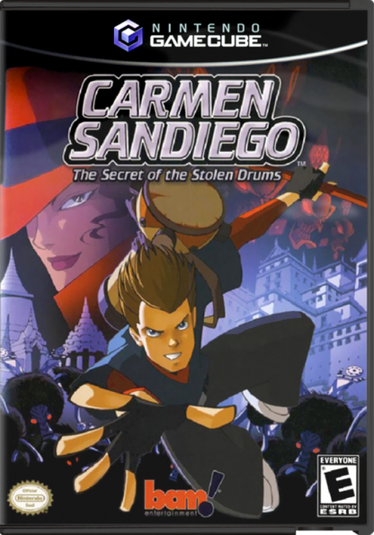 Carmen Sandiego: The Secret of the Stolen Drums cover art for GameCube (GC) educational adventure video game