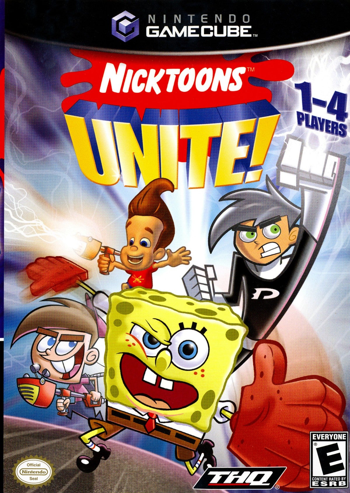 Nicktoons Unite Nintendo GameCube GC video game featuring crossover action adventure gameplay with SpongeBob SquarePants Danny Phantom Jimmy Neutron and Timmy Turner colorful Nickelodeon characters cooperative gameplay puzzle solving combat challenges retro video game Nintendo GameCube collection collectible gaming appeal front cover art