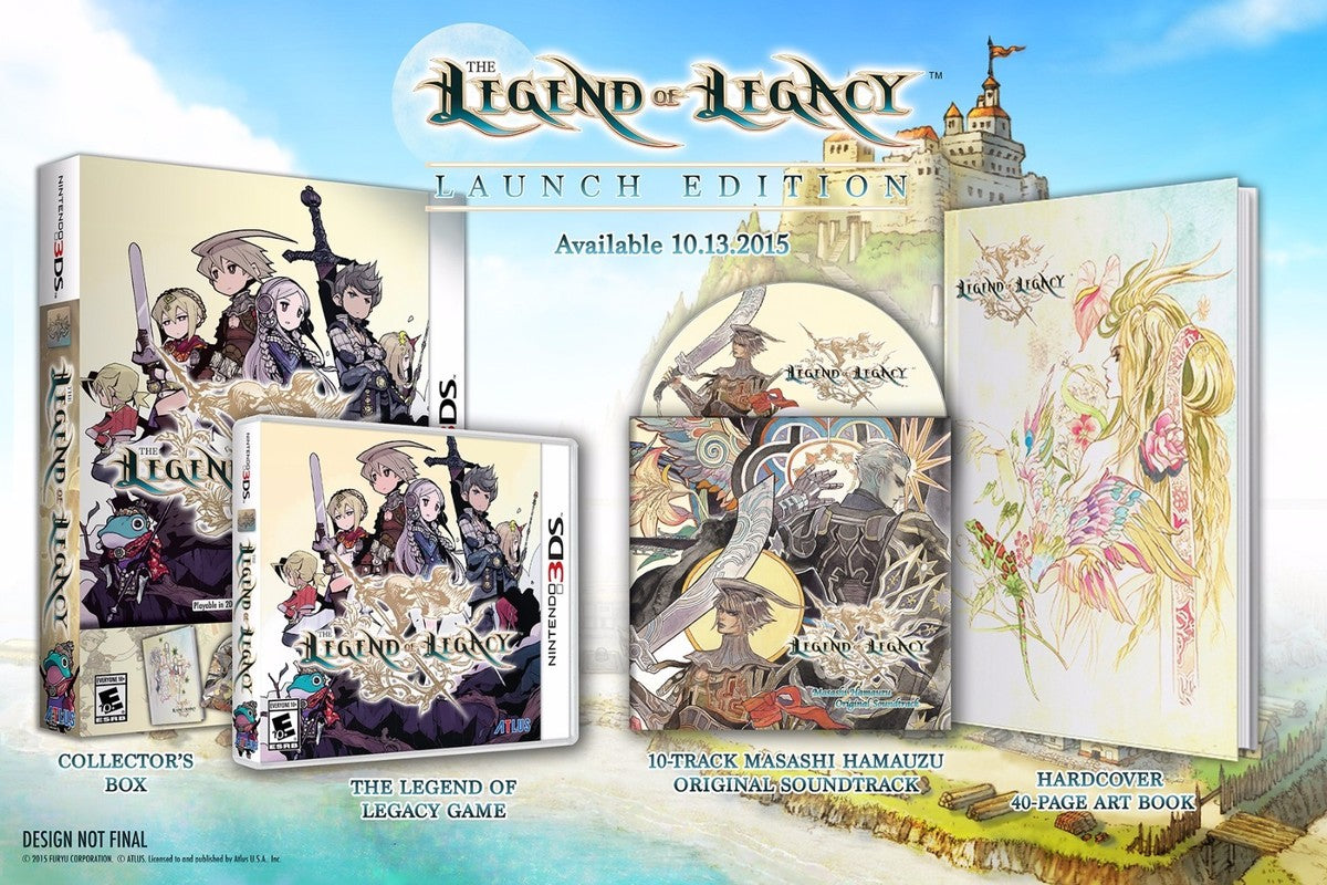 The Legend of Legacy Launch Edition Nintendo 3DS 3DS for role playing video game fans featuring turn based combat character progression elemental spirits fantasy exploration map discovery challenging battles strategic gameplay multiple playable heroes and Launch Edition collectible content gaming appeal hardcover art book OST soundtrack collector box 