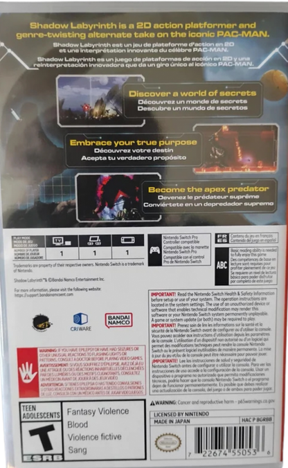 Shadow Labyrinth Nintendo Switch inspired design featuring dark sci fi action adventure aesthetic mysterious maze exploration atmospheric environments challenging combat futuristic secrets immersive platforming gameplay cinematic survival journey presentation back cover