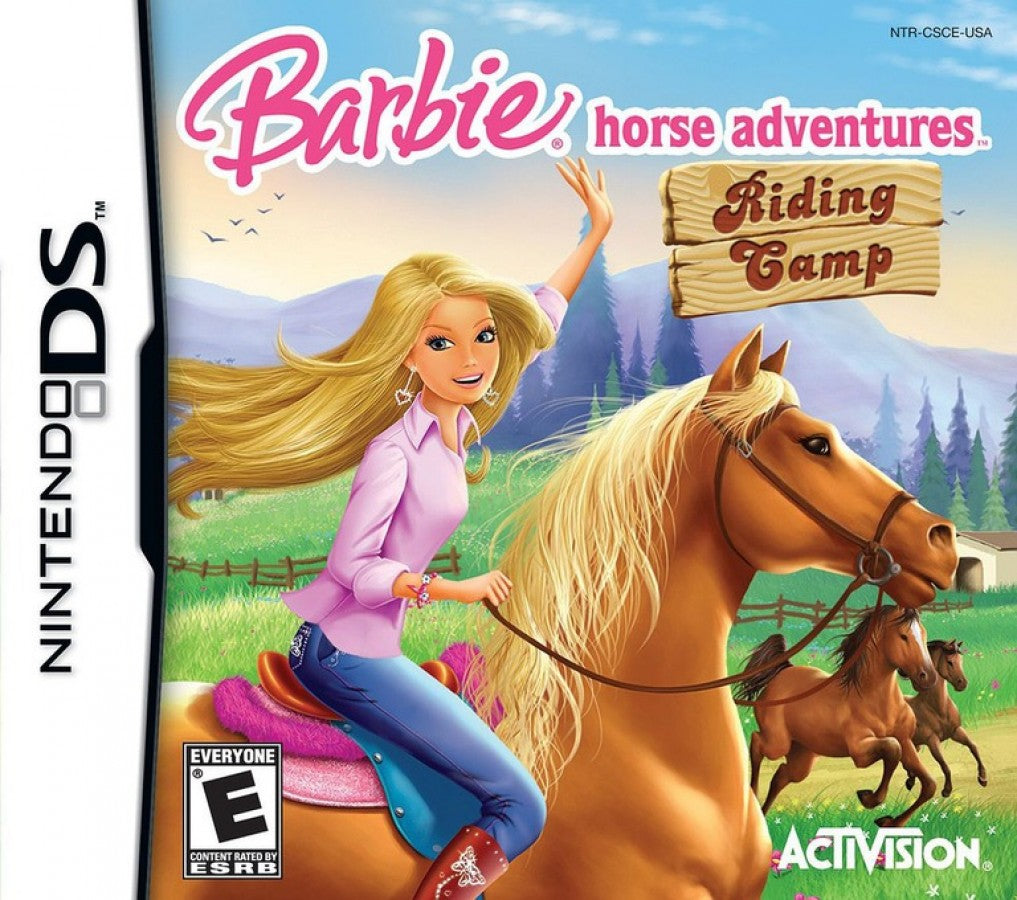 Barbie Horse Adventures Riding Camp for Nintendo DS (DS), cover image for a retro video game featuring horse riding simulation gameplay, stable management, training challenges, exploration, and family-friendly equestrian adventures