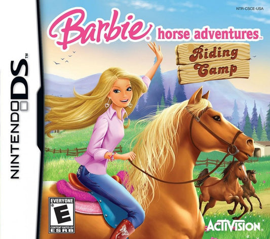 Barbie Horse Adventures Riding Camp for Nintendo DS (DS), cover image for a retro video game featuring horse riding simulation gameplay, stable management, training challenges, exploration, and family-friendly equestrian adventures