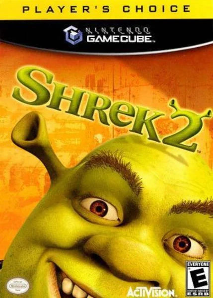 Shrek 2 Player’s Choice edition game for the Nintendo GameCube featuring action adventure gameplay with cooperative multiplayer character switching puzzle solving and story driven levels based on the animated film front cover
