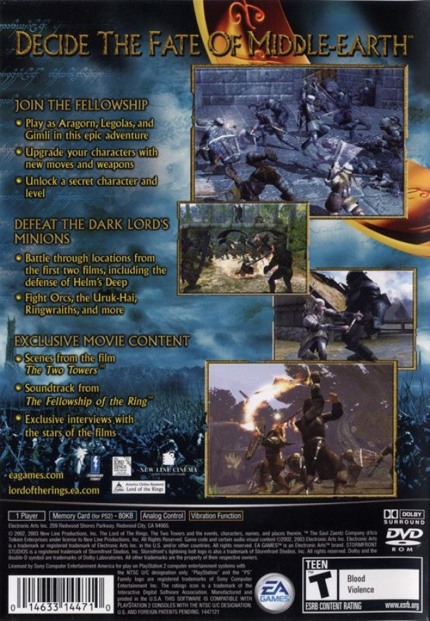 The Lord of the Rings: The Two Towers [Greatest Hits] – PlayStation 2 (PS2) video game back of case, action hack-and-slash.
