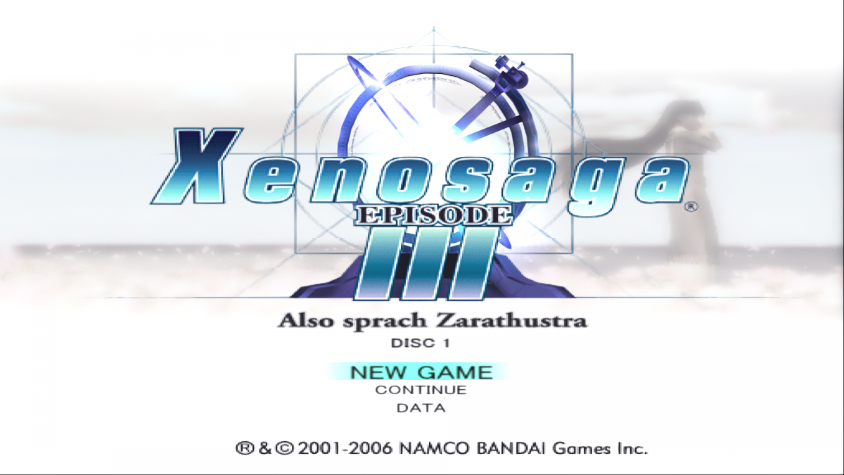 Xenosaga Episode III Also sprach Zarathustra game for the PlayStation 2 featuring turn based RPG gameplay with cinematic storytelling character driven narrative mech combat and a deep sci fi plot concluding the Xenosaga trilogy title screen