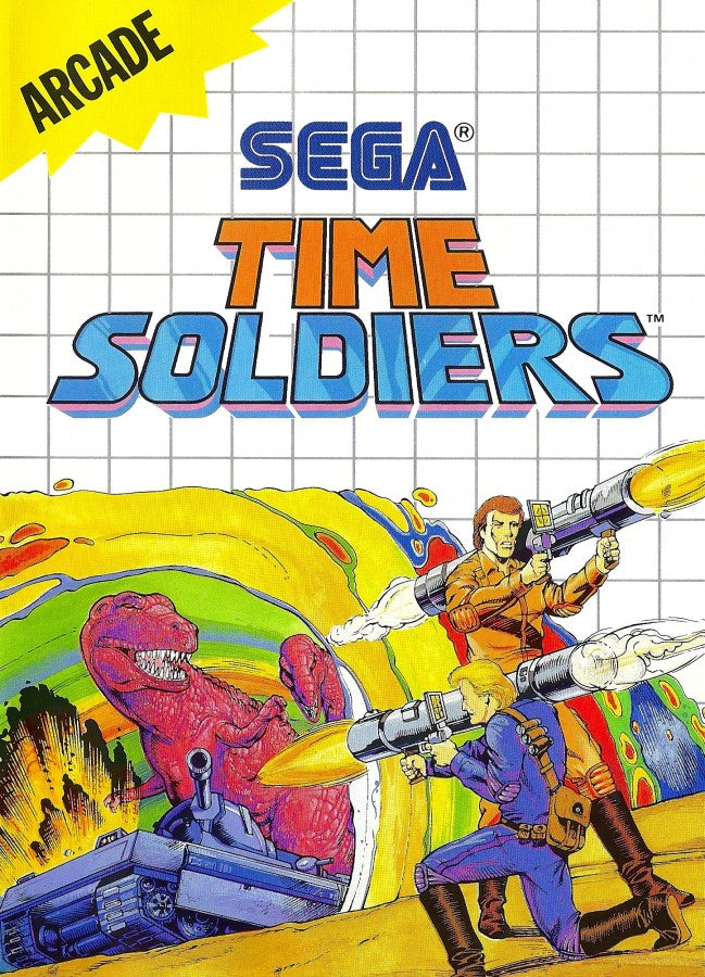 Time Soldiers Sega Master System SMS for arcade run and gun shooter video game fans featuring time travel action side scrolling combat historical battlefields enemy soldiers weapon upgrades power ups challenging stages boss battles and classic Sega Master System gameplay collectible retro gaming appeal front cover art