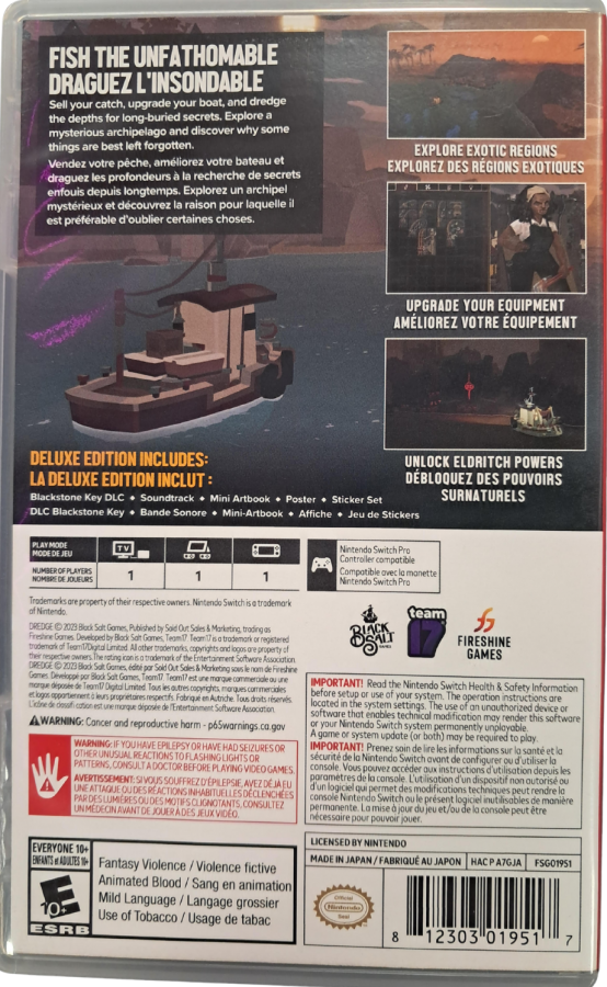 Dredge Nintendo Switch inspired design featuring atmospheric fishing adventure aesthetic mysterious coastal exploration eerie maritime folklore deep sea discoveries resource management gameplay haunting ocean landscapes and supernatural mysteries presentation back cover