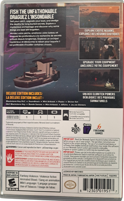 Dredge Nintendo Switch inspired design featuring atmospheric fishing adventure aesthetic mysterious coastal exploration eerie maritime folklore deep sea discoveries resource management gameplay haunting ocean landscapes and supernatural mysteries presentation back cover