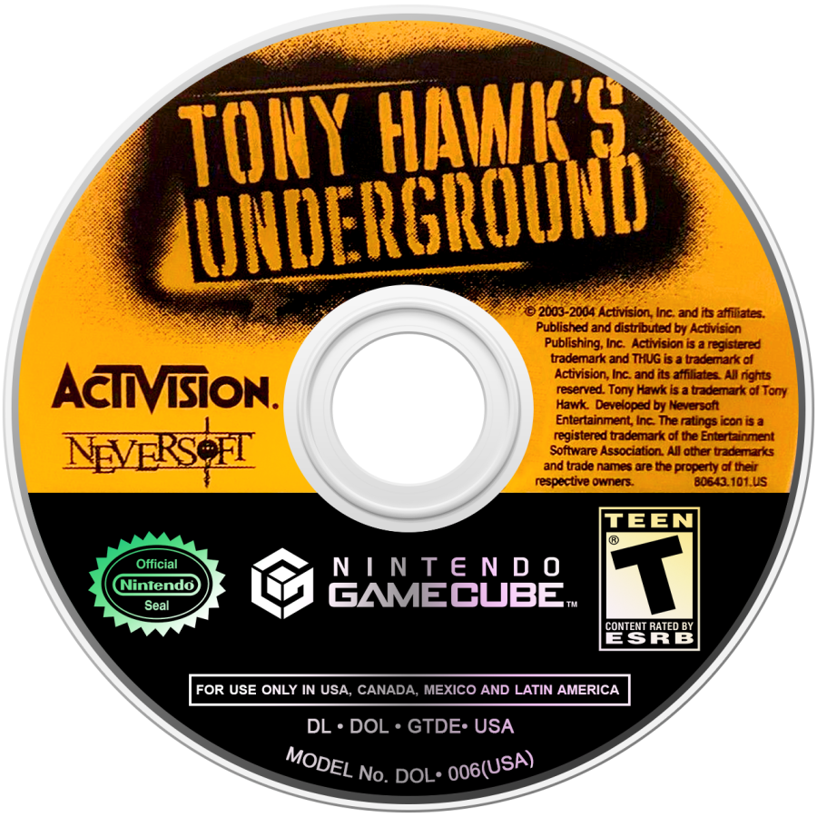 Tony Hawk's Underground Nintendo GameCube GC video game featuring skateboarding sports action gameplay professional skateboarders street skating skate parks open world exploration story driven career mode custom skater creation skateboard tricks grinds flips manuals combos challenging goals competitions and classic extreme sports gaming retro video game collection collectible gaming appeal game disc