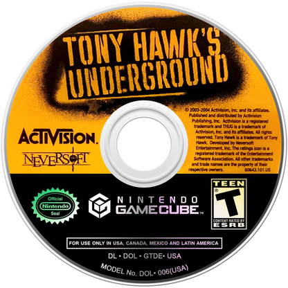 Tony Hawk's Underground Nintendo GameCube GC video game featuring skateboarding sports action gameplay professional skateboarders street skating skate parks open world exploration story driven career mode custom skater creation skateboard tricks grinds flips manuals combos challenging goals competitions and classic extreme sports gaming retro video game collection collectible gaming appeal game disc