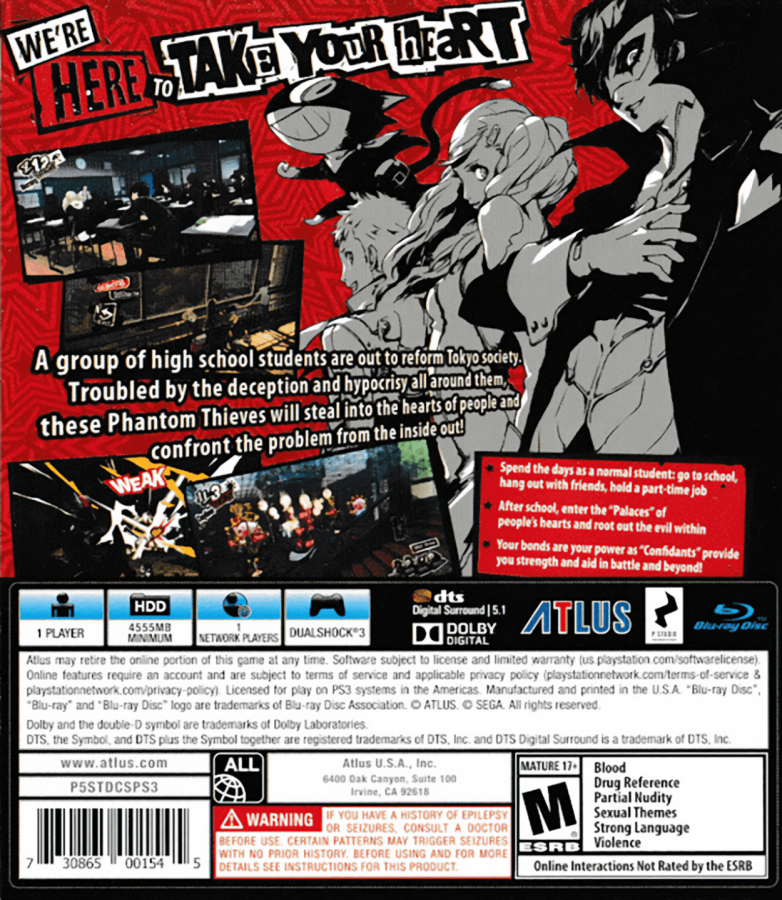 Persona 5 back cover art for PlayStation 3 PS3 video game